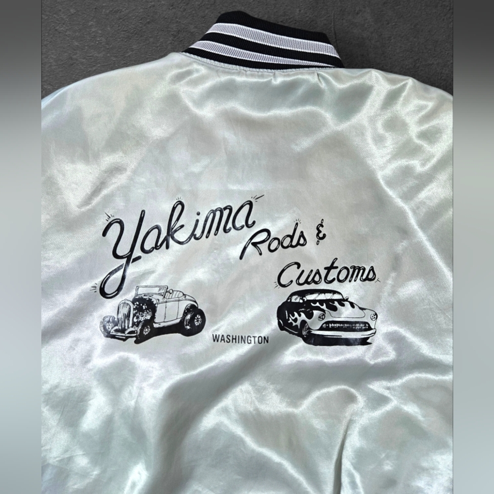 NEW 80s Holloway XL Yakima Rods & Custom Satin Bomber Jacket Washington Silver - Picture 2 of 9